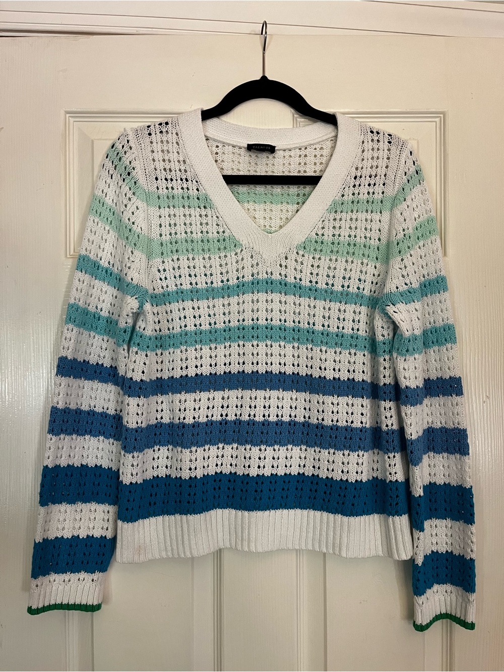 Talbots Striped V-Neck Open-Knit Sweater in White and Blue-Green Tones